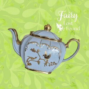 SADLER 30s Vintage Blue Cube Teapot with 24KT Gold Birds